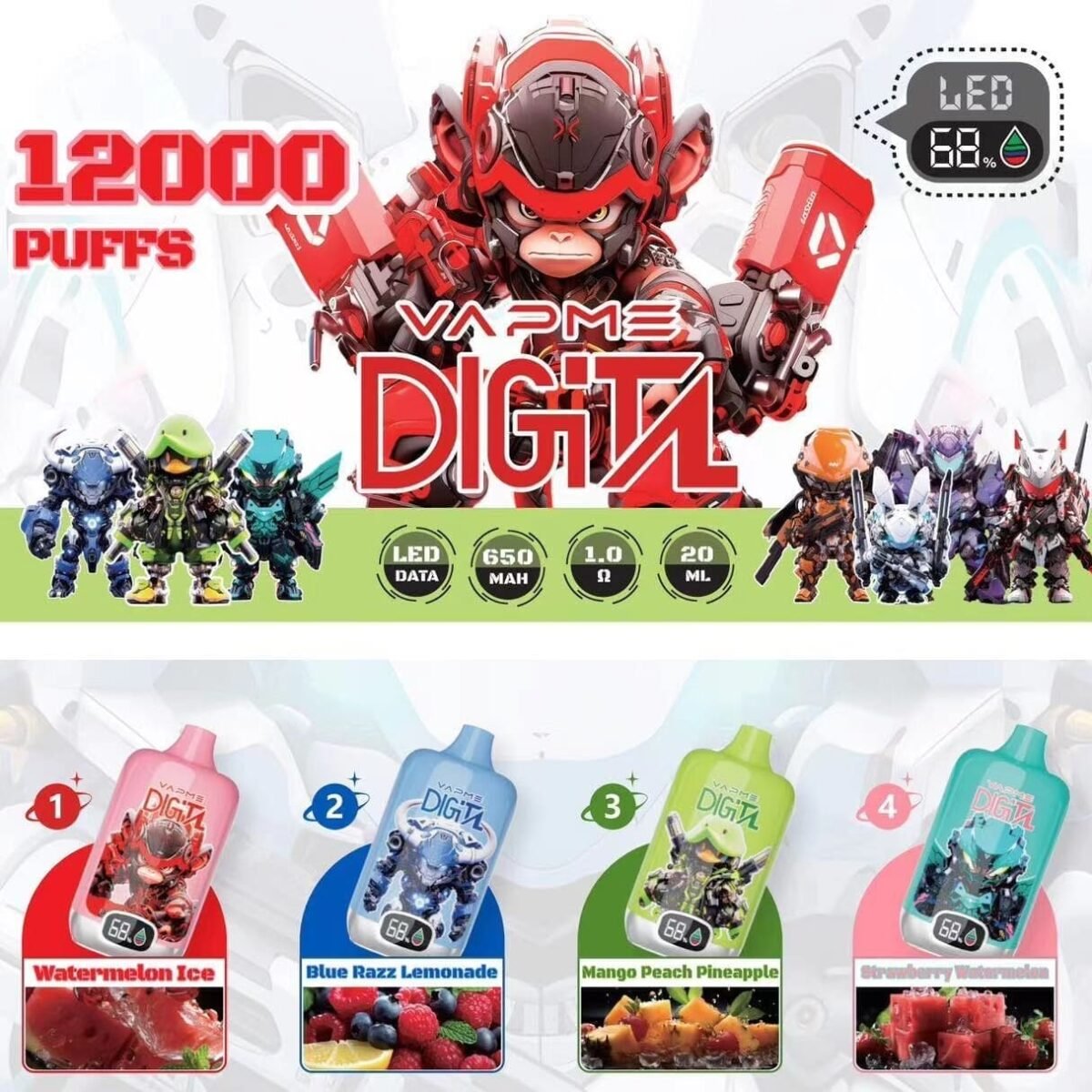 VAPME Digital 12000 Puffs | 2%-5% nicotine, 20mL, bulk disposable vape