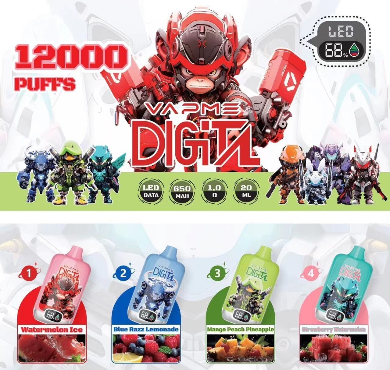 VAPME Digital 12000 Puffs | 2%-5% nicotine, 20mL, bulk disposable vape