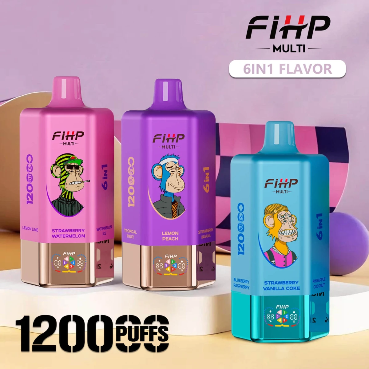 FIIHP MULTI 120000 puffs 6-in-1 disposable vape with Bored Ape designs, 6 flavor options