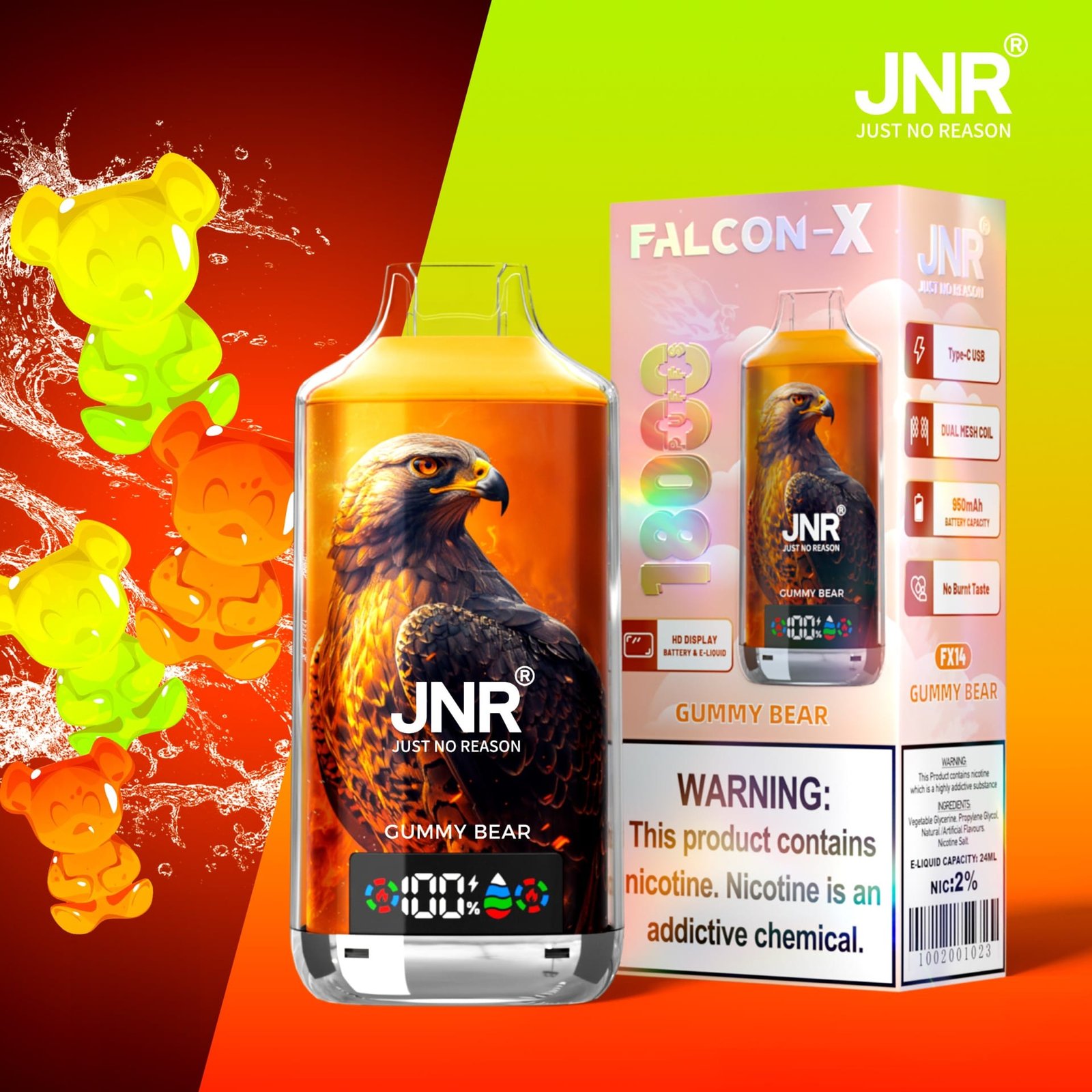 JNR Falcon X 18000 Puffs | 2% nicotine, 24mL, dual mesh & core, LED display, airflow control – Bild 16