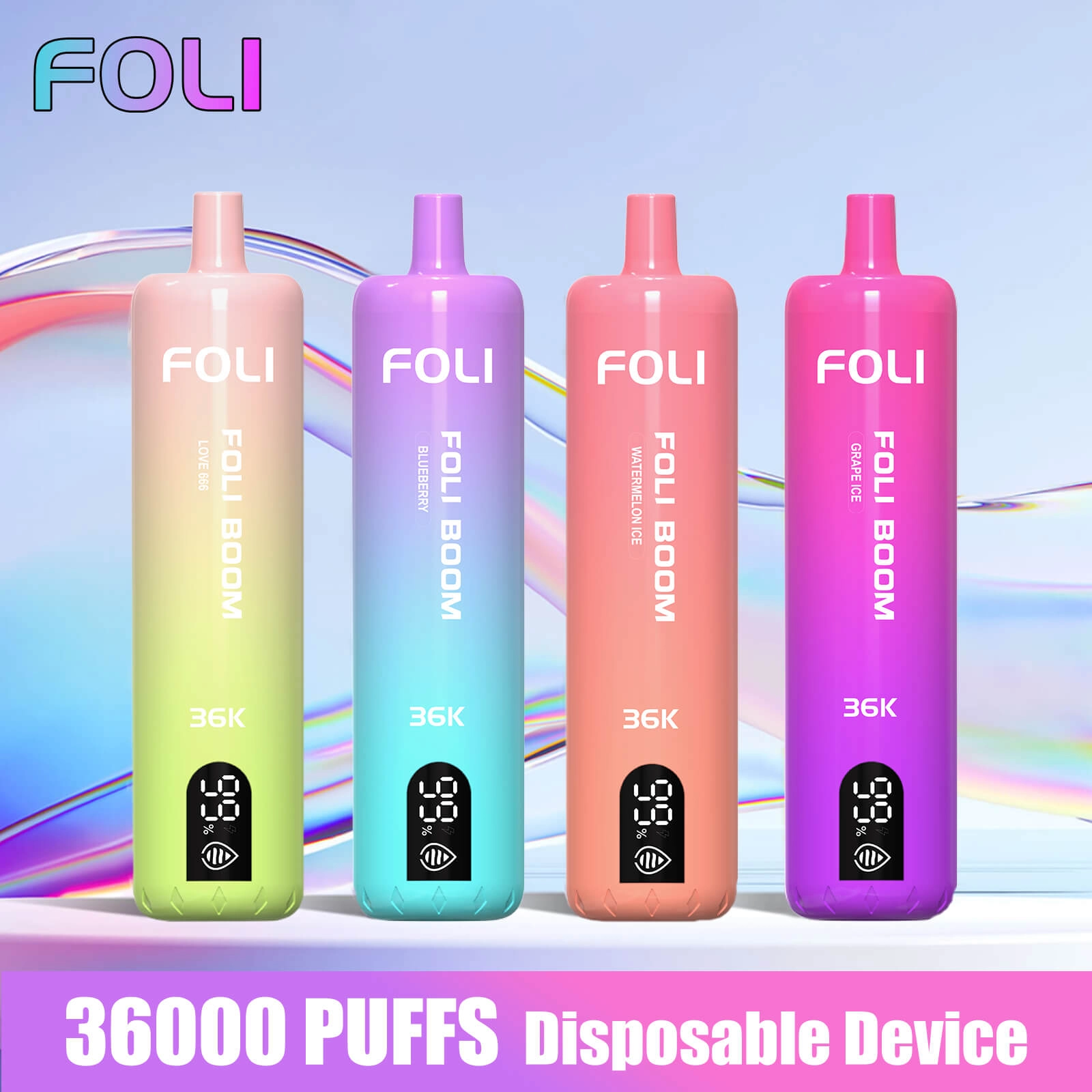 FOLI BOOM 36000 puffs disposable vape with gradient pastel designs, LED battery display