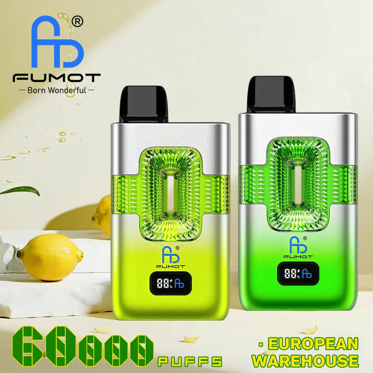 FUMOT 60000 puffs disposable vape with silver-green gradient design, diamond-cut LED display