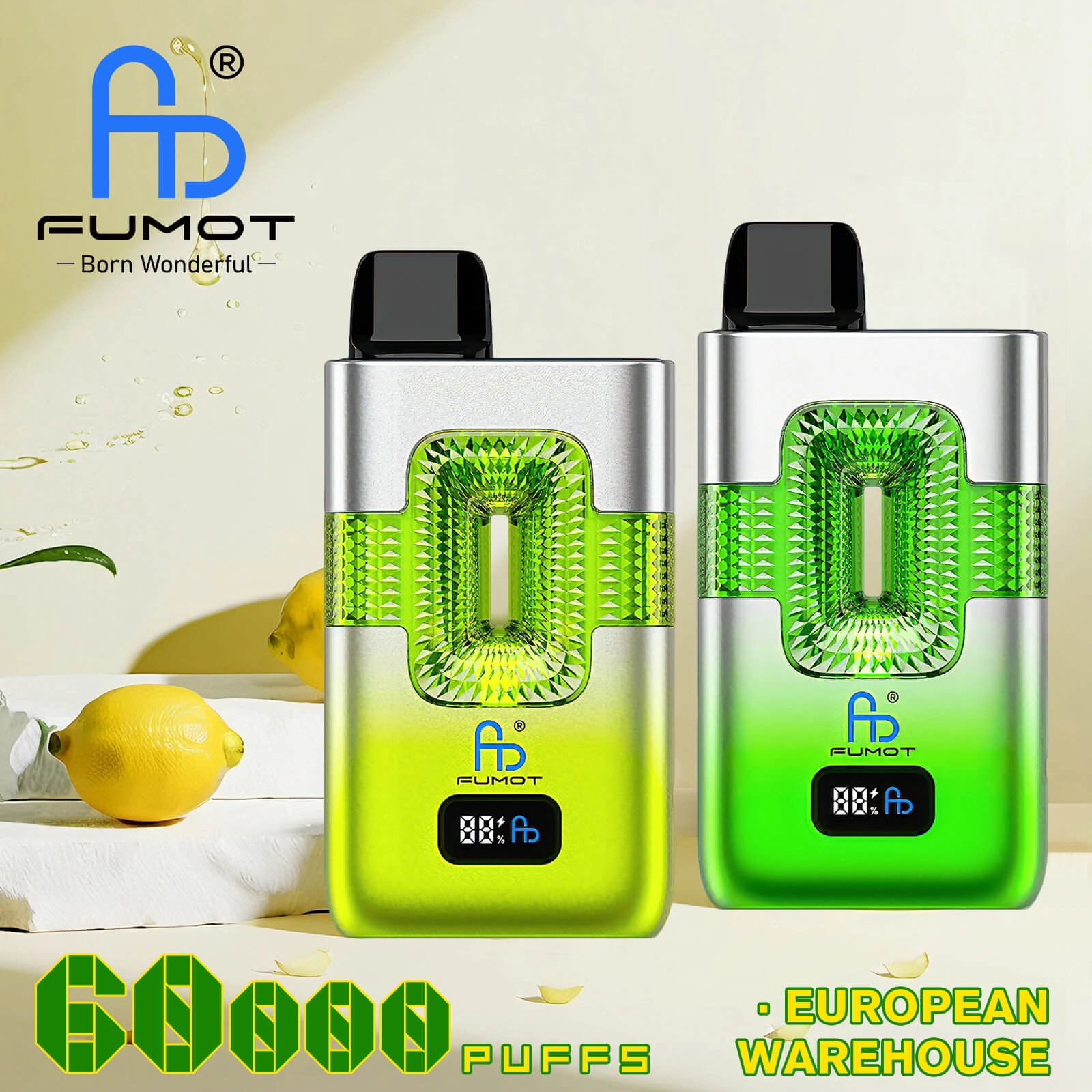 FUMOT 60000 puffs disposable vape with silver-green gradient design, diamond-cut LED display