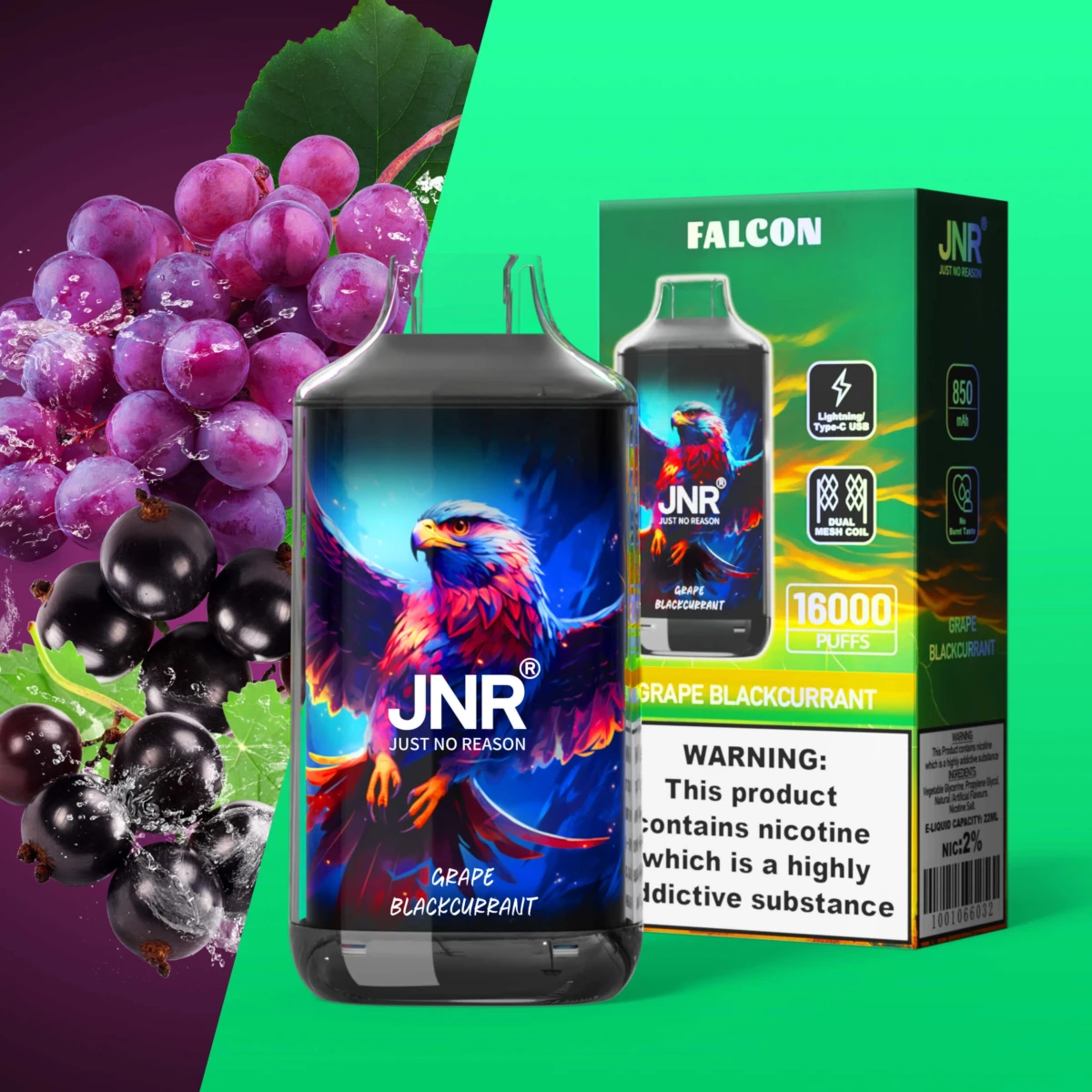 JNR FALCON 16000 puffs disposable vape grape blackcurrant flavor, JNR 16k puffs vape dual mesh coil, bulk JNR vape for Europe
