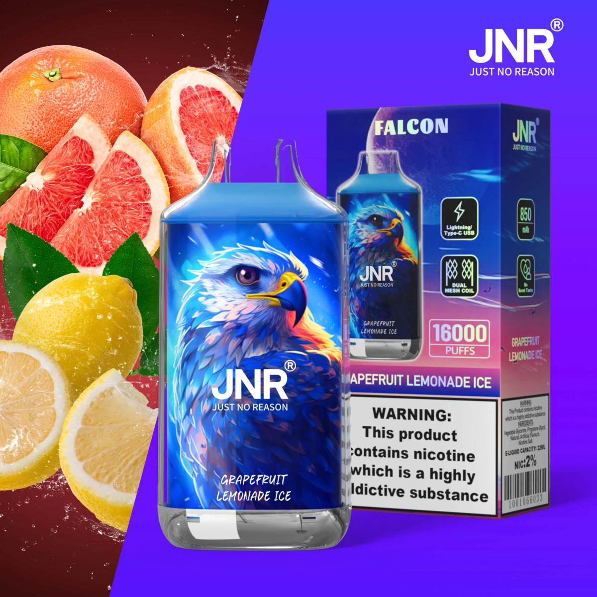 JNR FALCON 16000 puffs disposable vape grapefruit lemonade ice flavor, JNR 16000 puffs vape icy citrus, wholesale JNR vape EU