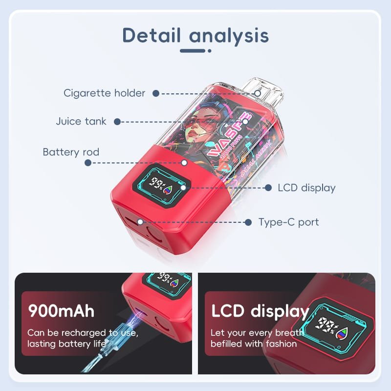 Alternative view of Waspe 20000 Puffs | 0%-5% nicotine, 24mL, dual mesh, LCD display, bulk disposable vape