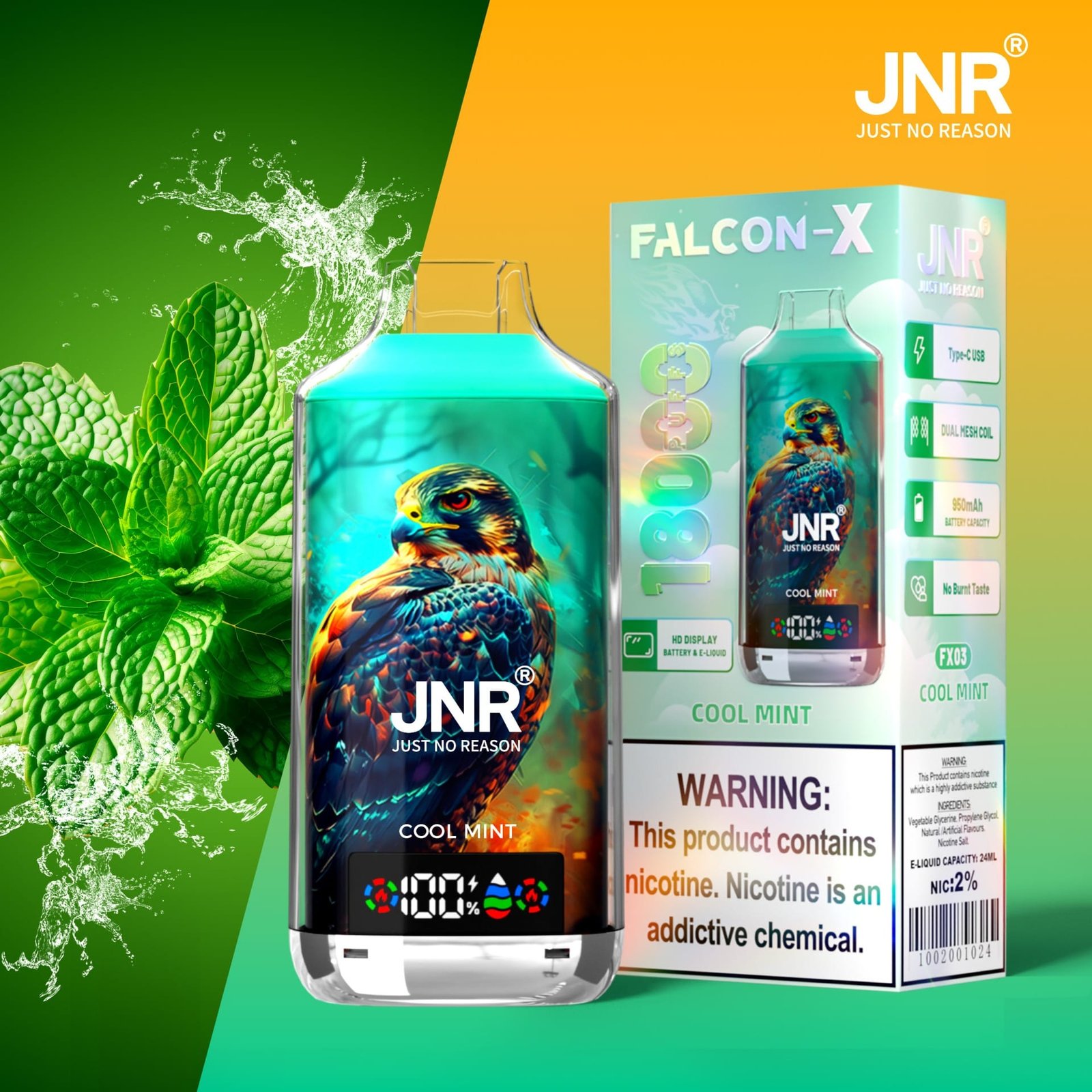 JNR Falcon X 18000 Puffs | 2% nicotine, 24mL, dual mesh & core, LED display, airflow control – Bild 11