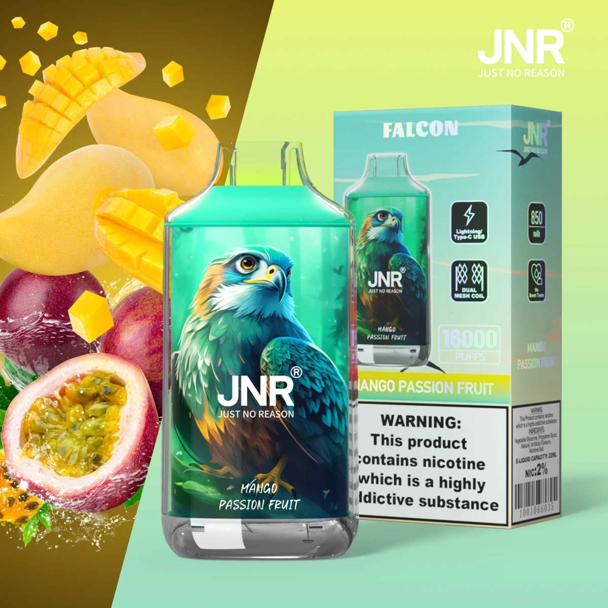 JNR FALCON 16000 puffs disposable vape mango passion fruit flavor, JNR 16k puffs vape dual mesh coil, EU wholesale JNR vape
