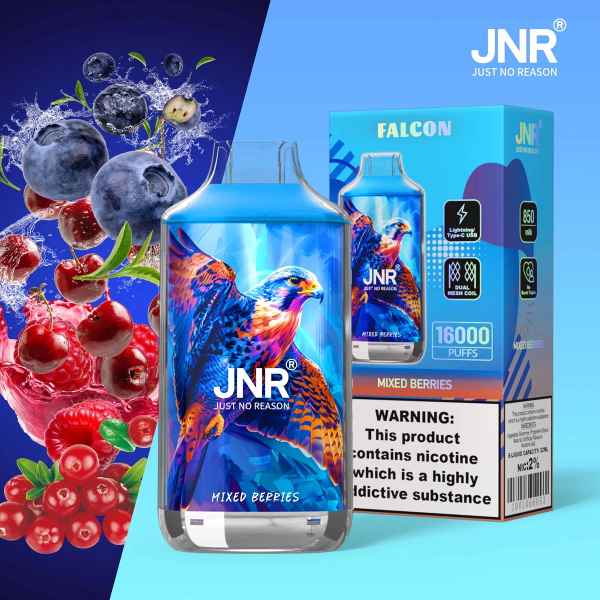 JNR FALCON 16000 puffs disposable vape mixed berries flavor, JNR 16000 puffs vape multi-berry blend, bulk JNR vape for Europe