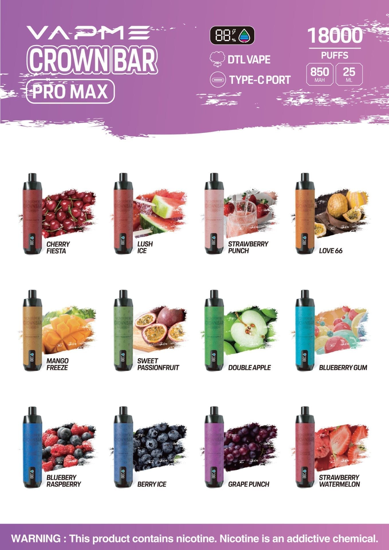 VAPME CROWN BAR 18000 Puffs | 2%-5% nicotine, 25mL, RGB light, bulk disposable vape - Image 7