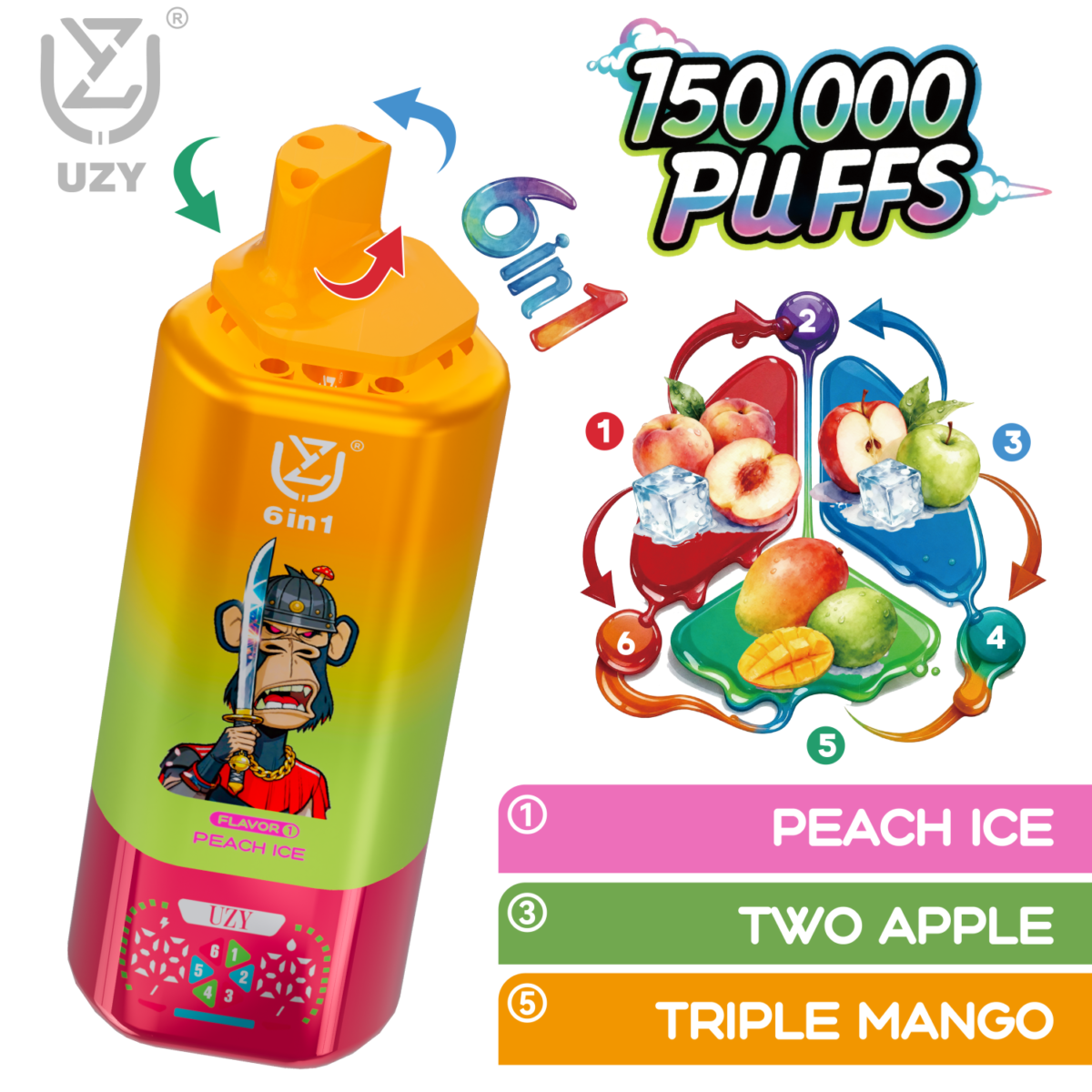 Alternative view of UZY 6-in-1 150K | six-flavor 150,000 puffs 64ml disposable vape with smart screen & quad mesh coil