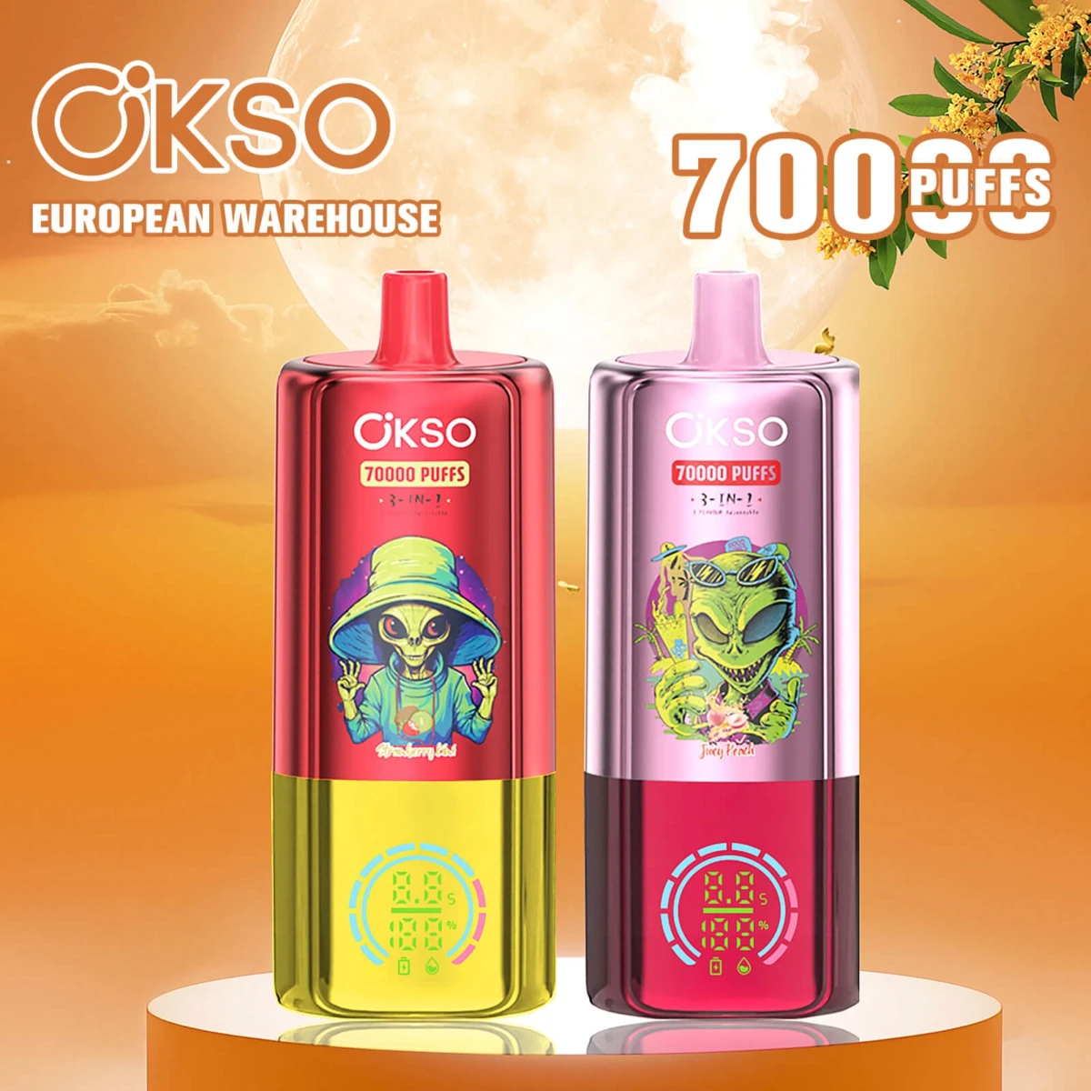 OKSO 70000 puffs 3-in-1 disposable vape with alien designs, red and pink color schemes