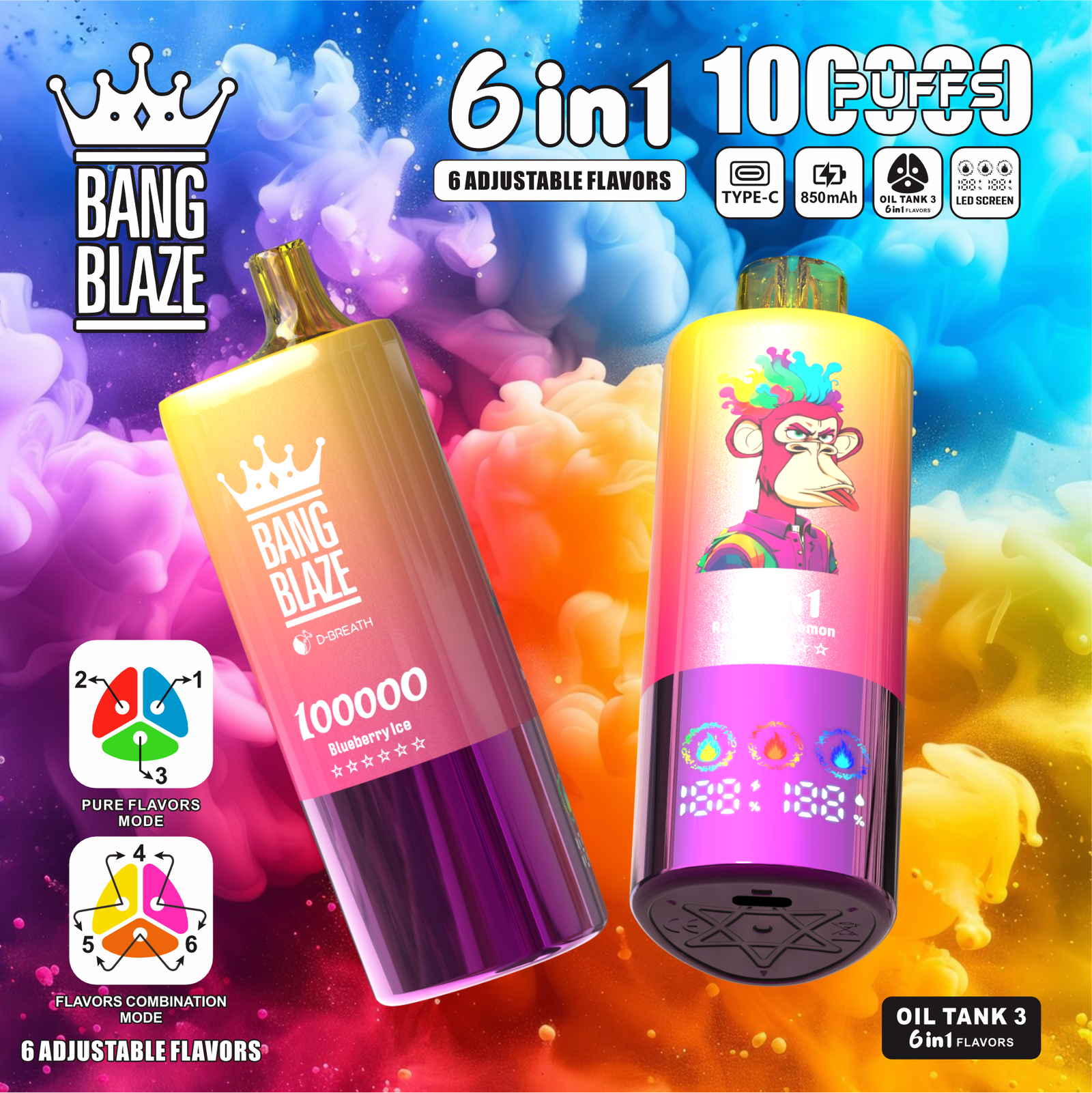 Bang Blaze 100K 6-in-1 100000 Puffs | triple tank bulk disposable vape with led screen - Image 4