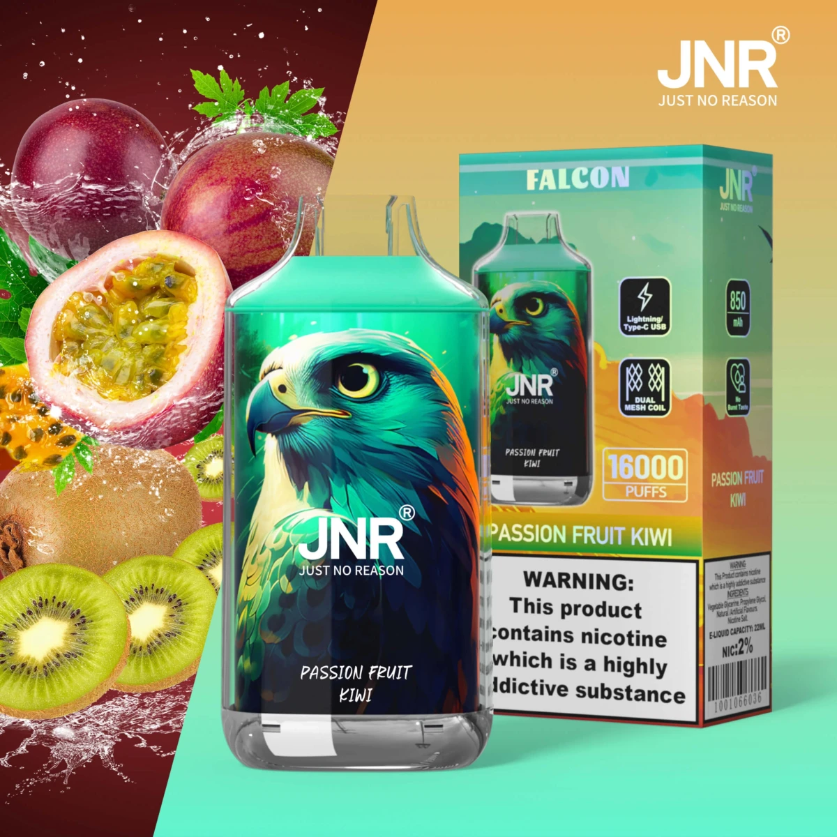 JNR FALCON 16000 puffs disposable vape passion fruit kiwi flavor, JNR 16000 puffs vape Type-C charging, wholesale JNR vape EU