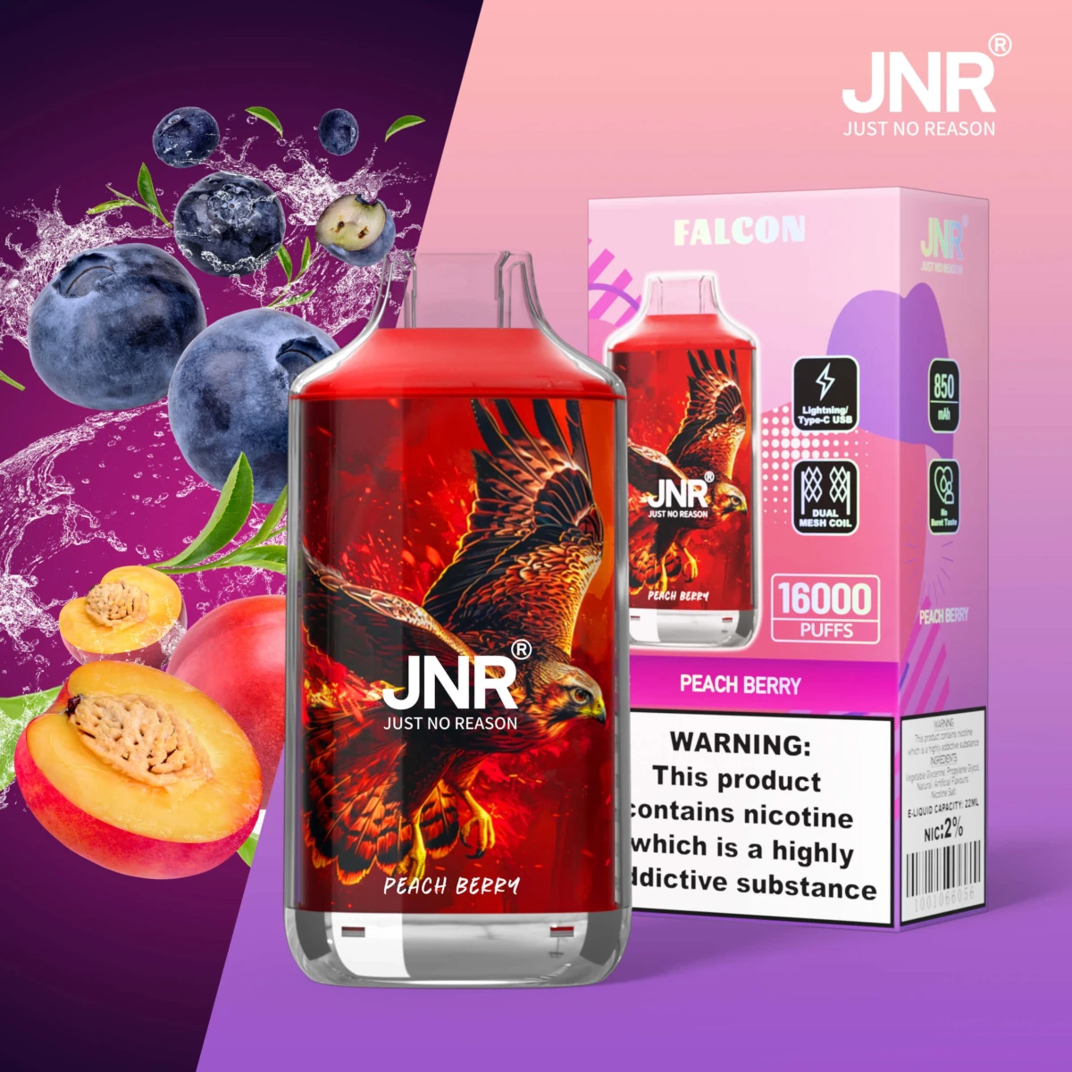 JNR FALCON 16000 puffs disposable vape peach berry flavor, JNR 16k puffs vape 2% nicotine, EU wholesale JNR disposable vape
