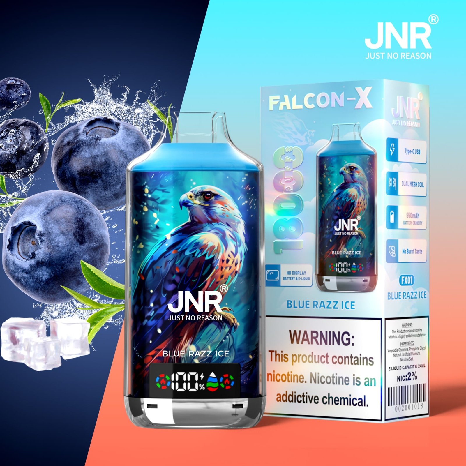 JNR Falcon X 18000 Puffs | 2% nicotine, 24mL, dual mesh & core, LED display, airflow control – Bild 7
