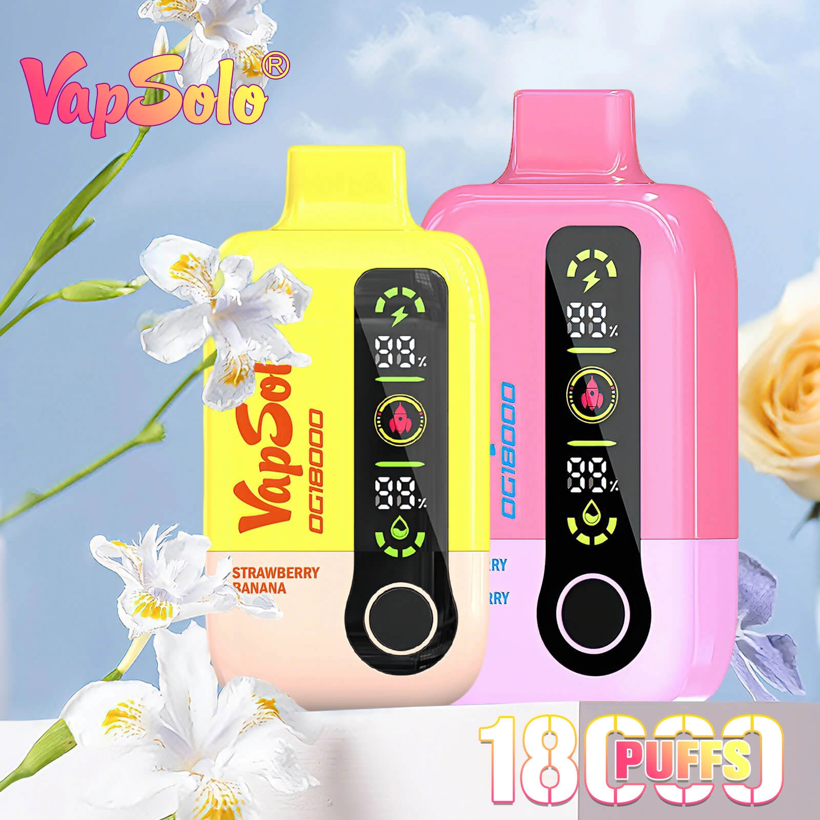 VapSolo OG 18000 puffs disposable vape with yellow and pink designs, dual LED display