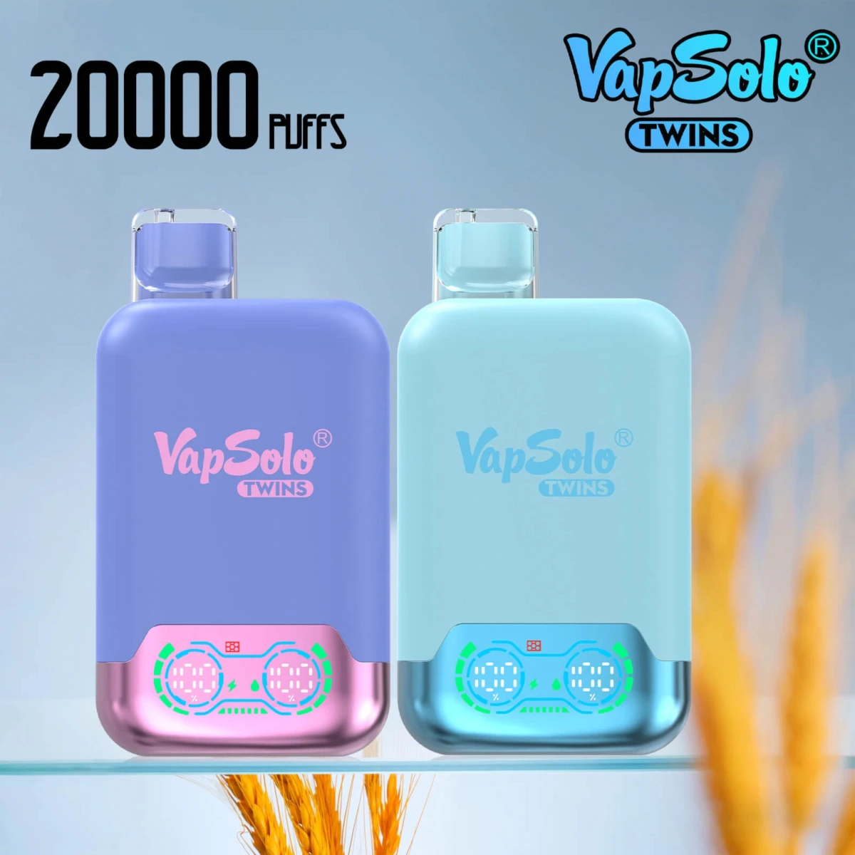 VapSolo Twins 20000 puffs disposable vape with dual flavor digital display, pastel purple and blue designs