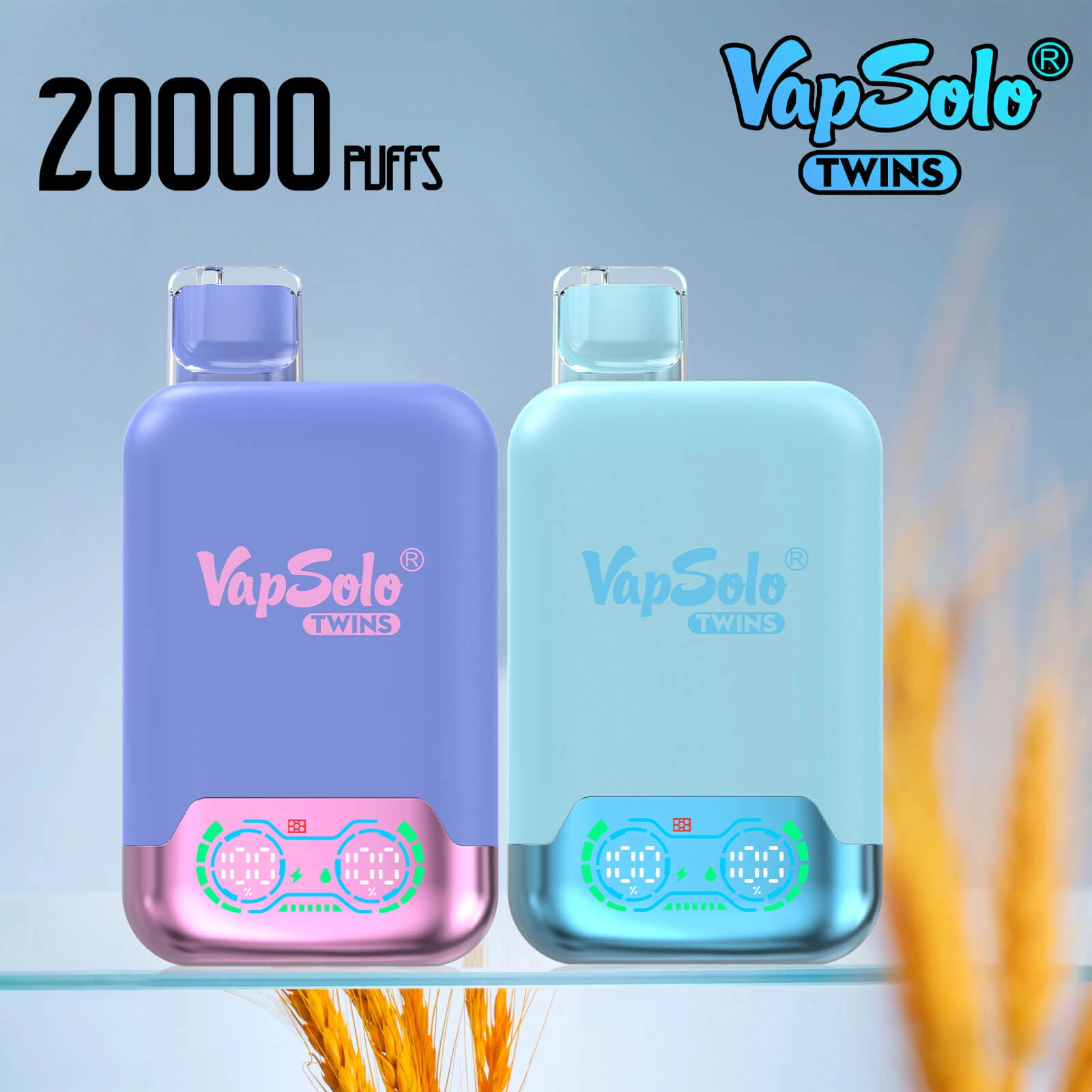 VapSolo Twins 20000 puffs disposable vape with dual flavor digital display, pastel purple and blue designs