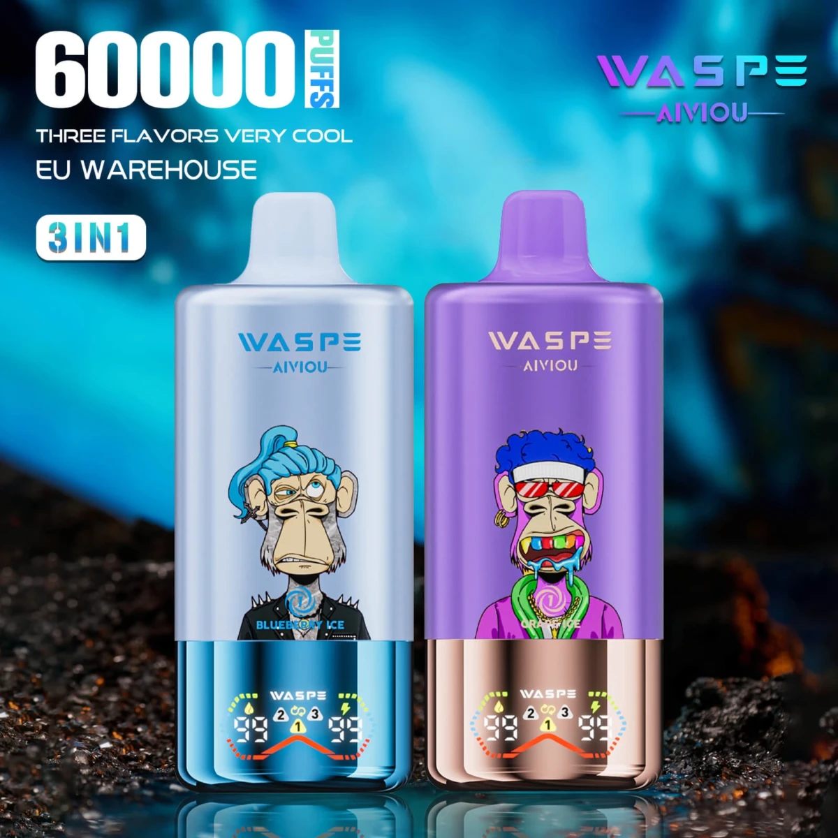 WASPE 60000 puffs 3-in-1 disposable vape with Ape artwork, blueberry ice and grape flavors