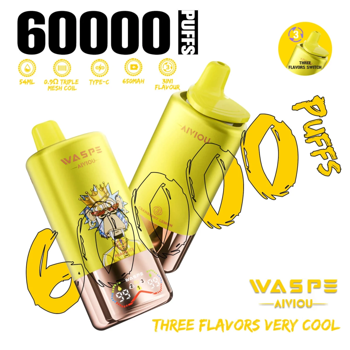 WASPE AIVIOU 60000 puffs 3 in 1 disposable vape with 54ML e-liquid, 0.9Ω triple mesh coil, Type-C rechargeable, 650mAh battery, 3 in 1 flavor switch