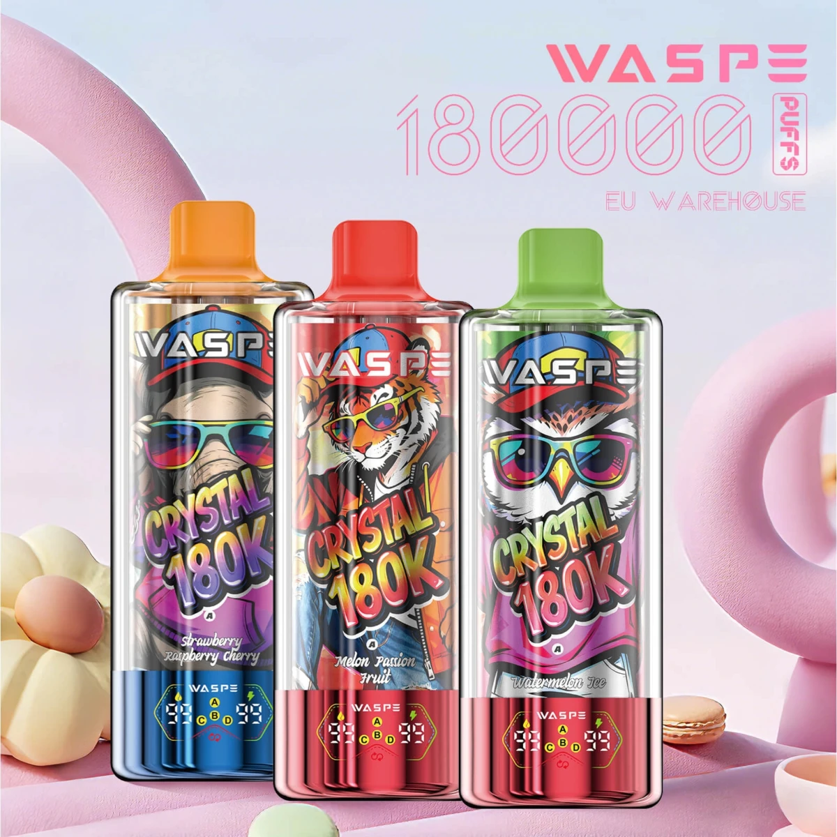 WASPE CRYSTAL 180000 puffs disposable vape with colorful animal designs, strawberry raspberry cherry and watermelon ice flavors