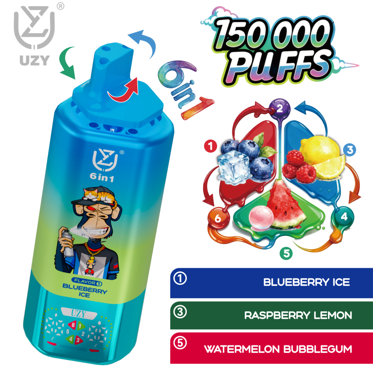 UZY 6-in-1 150K | six-flavor 150,000 puffs 64ml disposable vape with smart screen & quad mesh coil