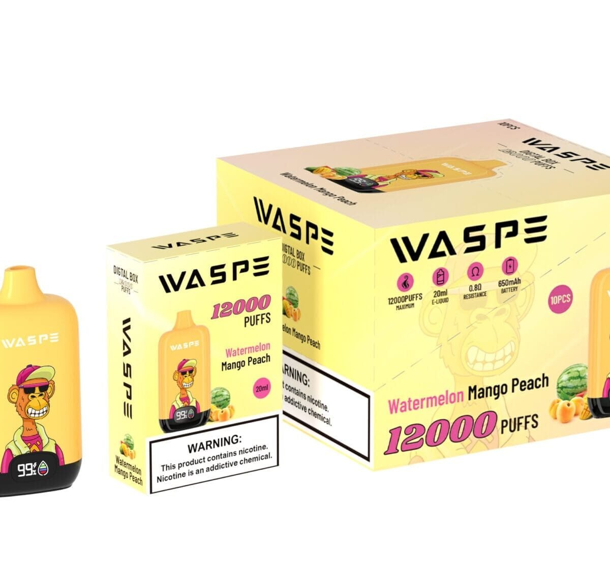 Alternative view of WASPE 12000 Puffs | 0%-5% nicotine, 20mL, 650mAh, LCD display, bulk disposable vape