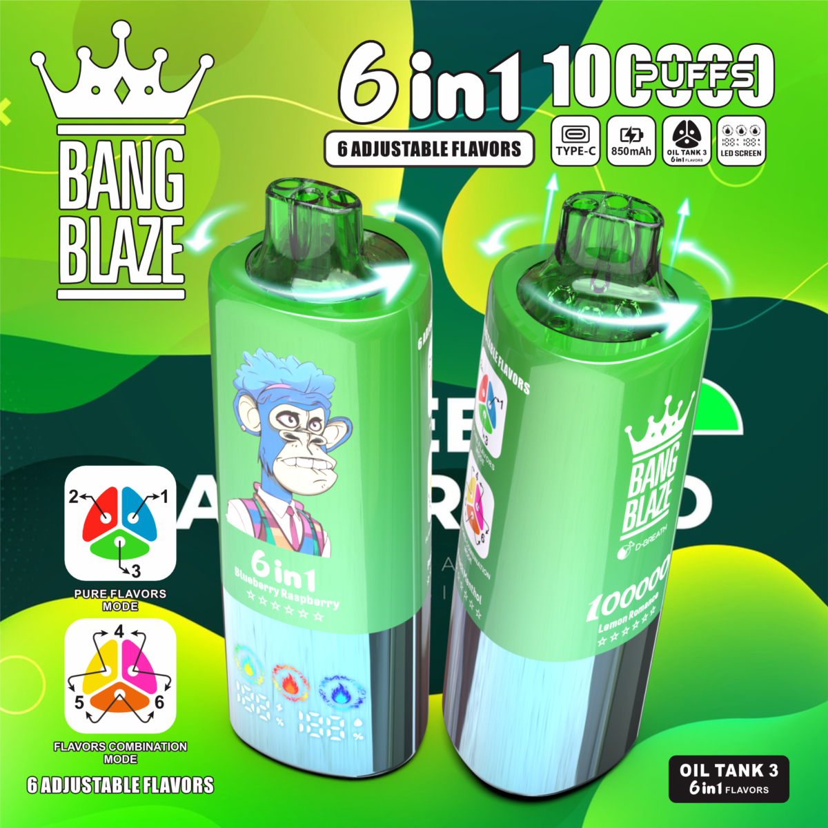 Bang Blaze 100K 6-in-1 100000 Puffs | triple tank bulk disposable vape with led screen