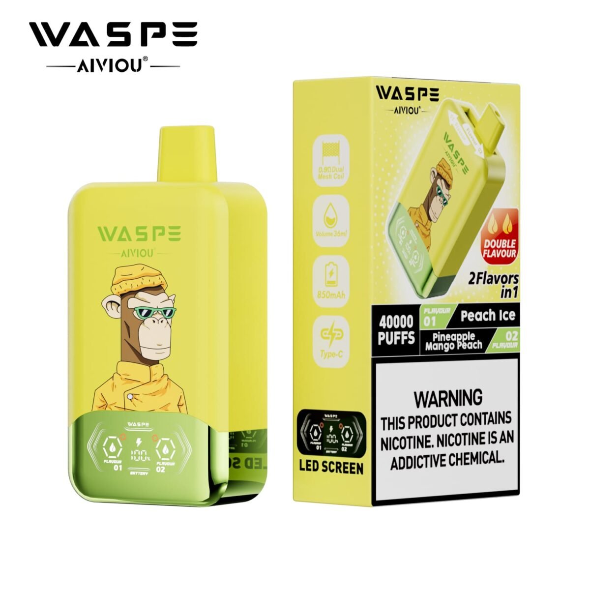 Alternative view of WASPE 40K Twins 40000 Puffs | 36mL, dual mesh, 0%-5% nicotine, dual flavor, bulk disposable vape