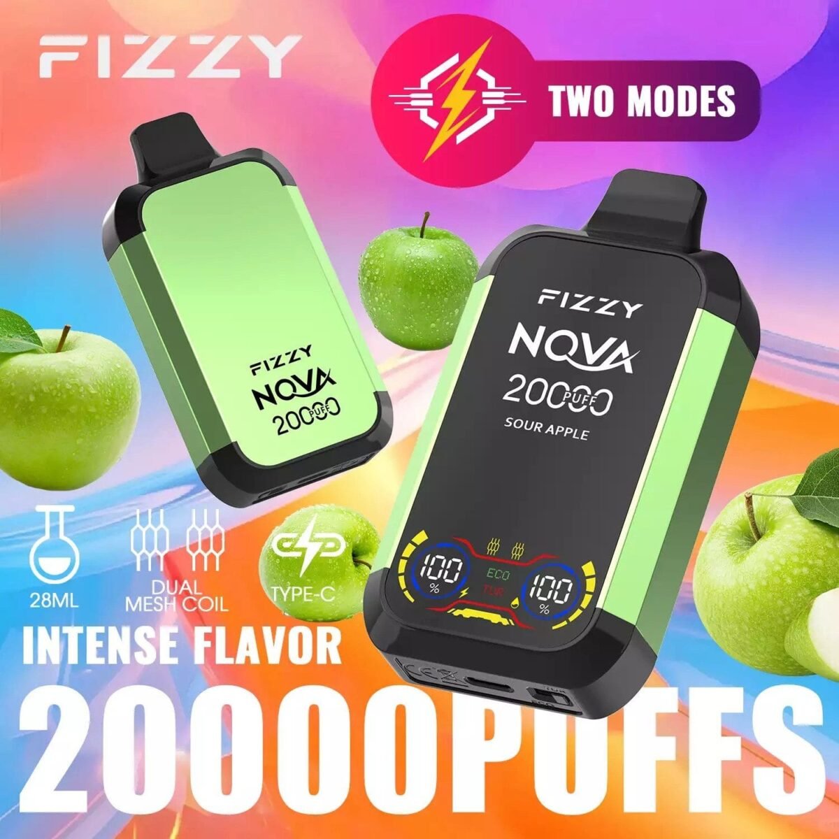 Fizzy Nova 20000 Puffs | dual mesh coil, LCD screen, rechargeable disposable vape bulk & wholesale