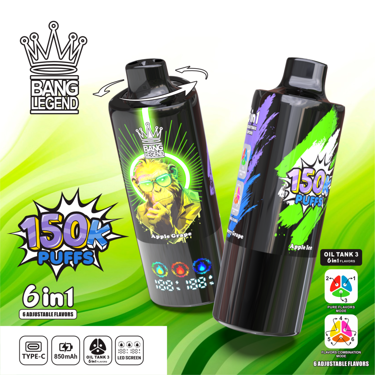 Bang Legend 150K | 150000 puffs 6 flavor in 1 long-lasting multi-flavor disposable vape