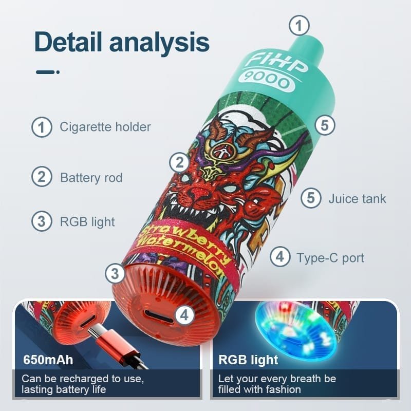 Alternative view of FIHP 9000 Puffs | 2%-5% nicotine, 18mL, RGB light, bulk disposable vape