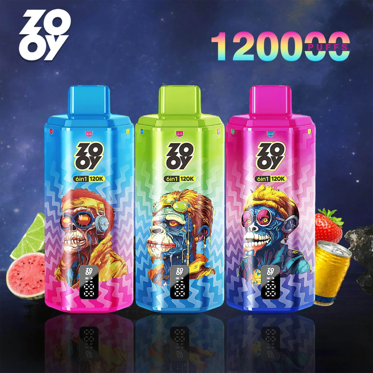 ZOOY 120000 puffs 6-in-1 disposable vape with colorful zombie monkey designs, blue, green, pink color options