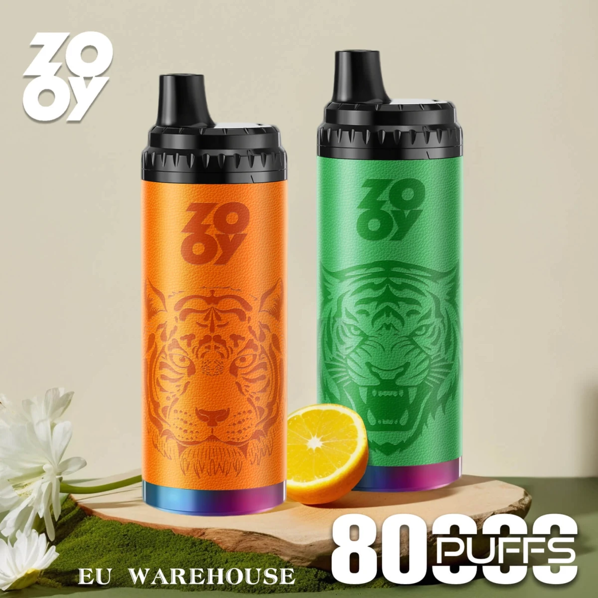 ZOOY 80000 puffs disposable vape with tiger embossed leather texture, orange and green color schemes