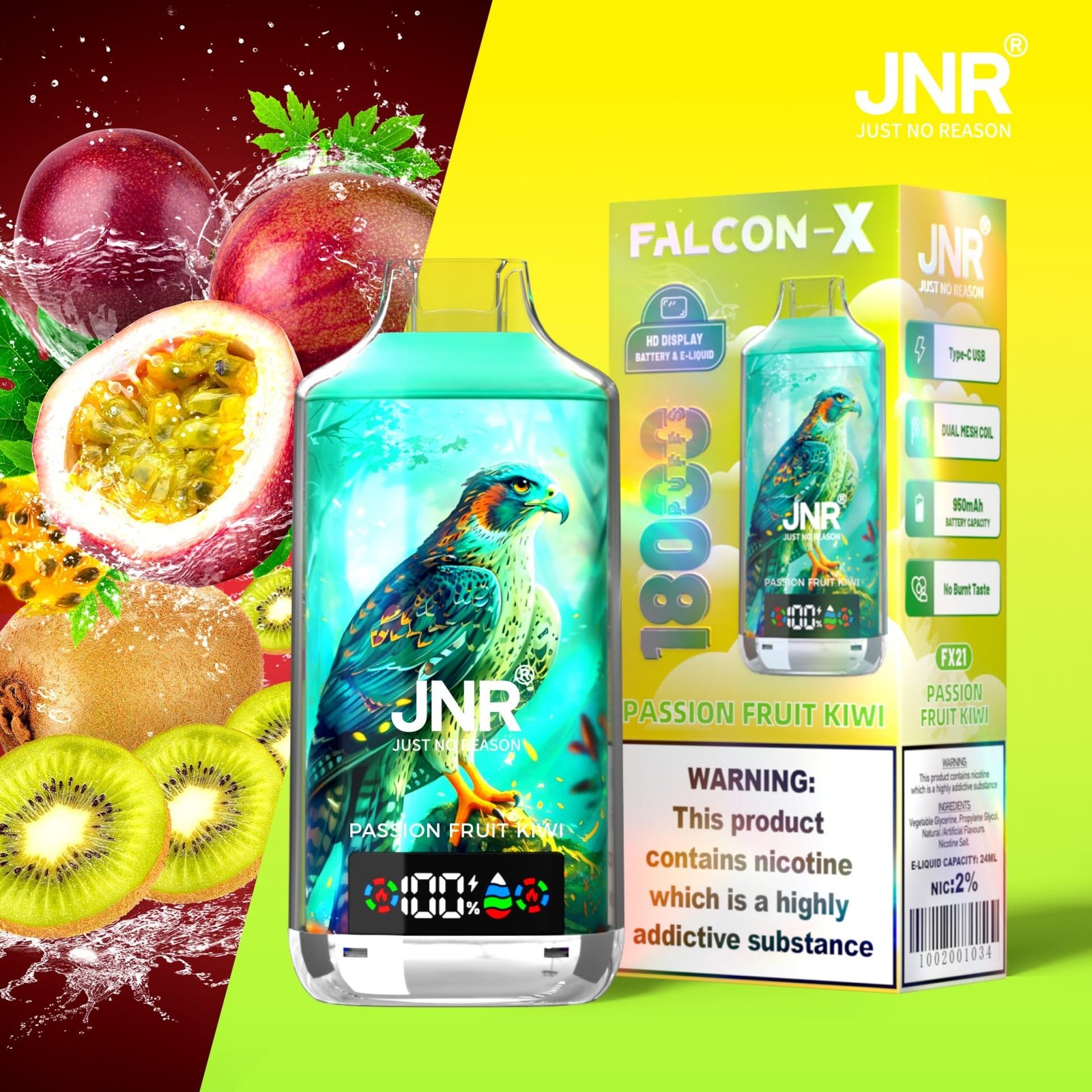 JNR Falcon X 18000 Puffs | 2% nicotine, 24mL, dual mesh & core, LED display, airflow control