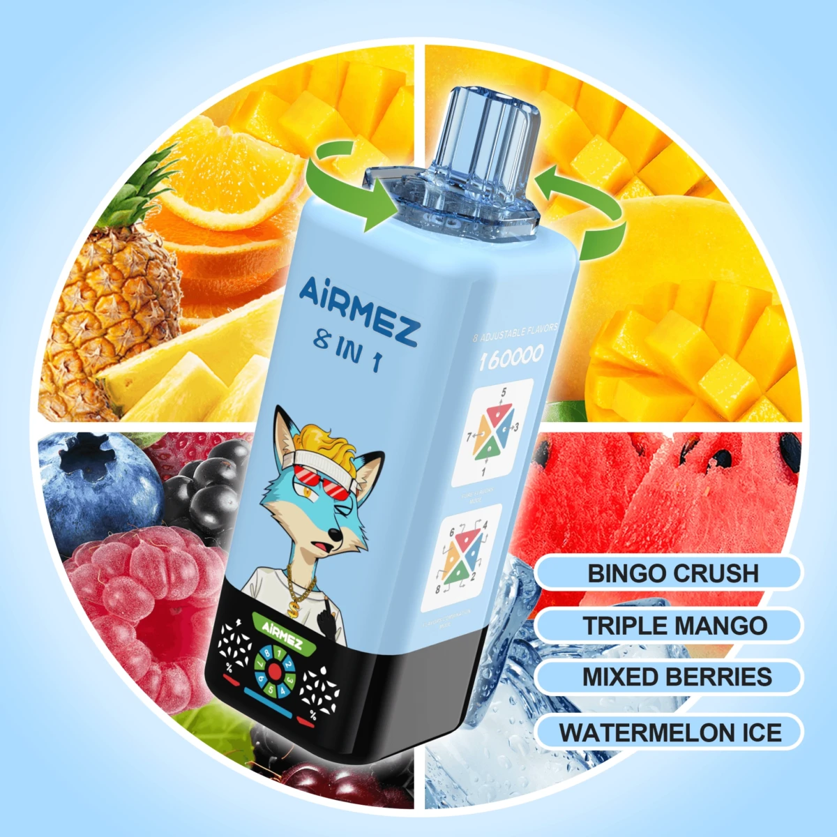 AIRMEZ 8-in-1 160000 Disposable Vape, Bingo Crush Triple Mango Mixed Berries Watermelon Ice, 160000 Puffs, Fox Design, Bulk E-Cig