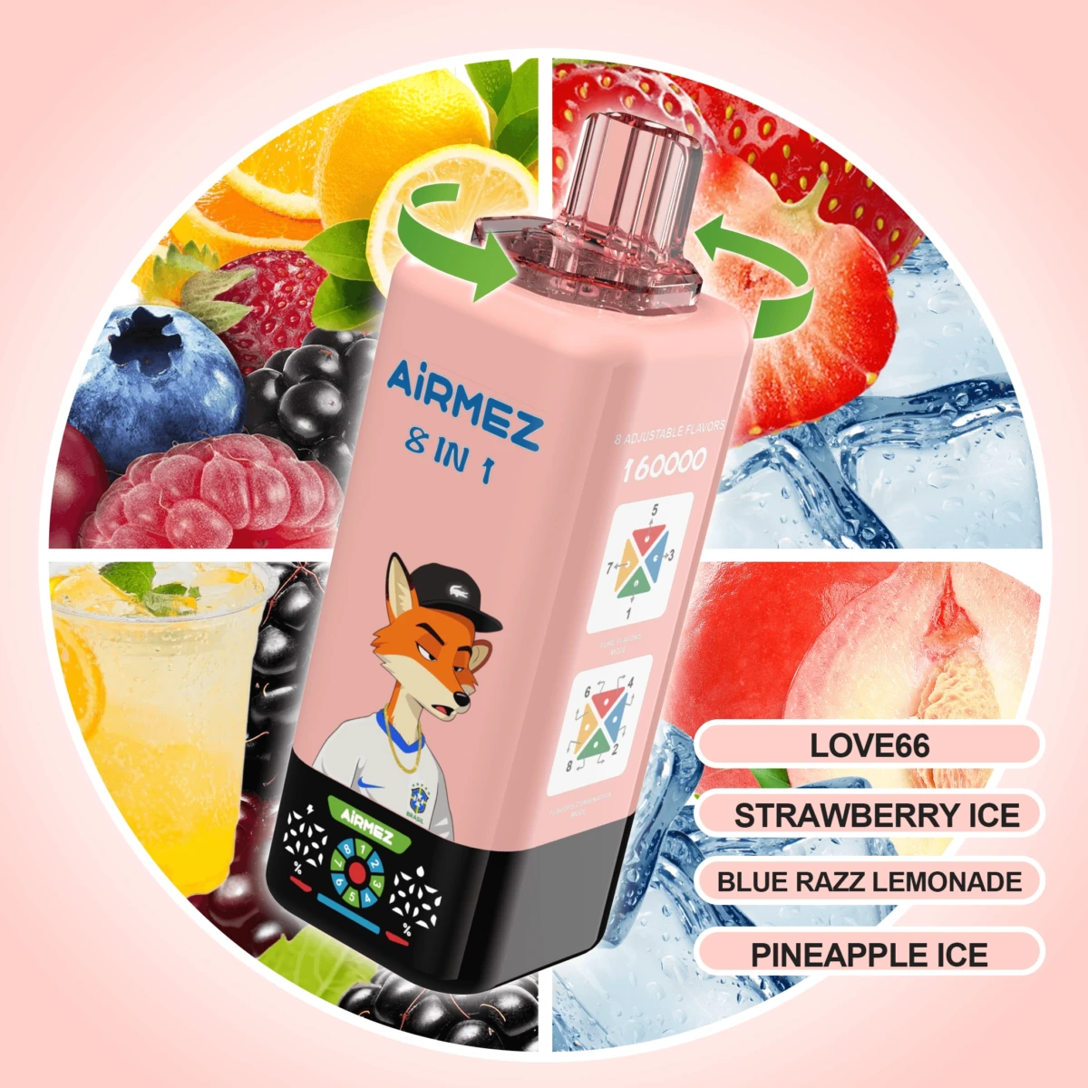AIRMEZ 8-in-1 160000 Disposable Vape, Love66 Strawberry Ice Blue Razz Lemonade Pineapple Ice, 160000 Puffs, Fox Design, Bulk Vape