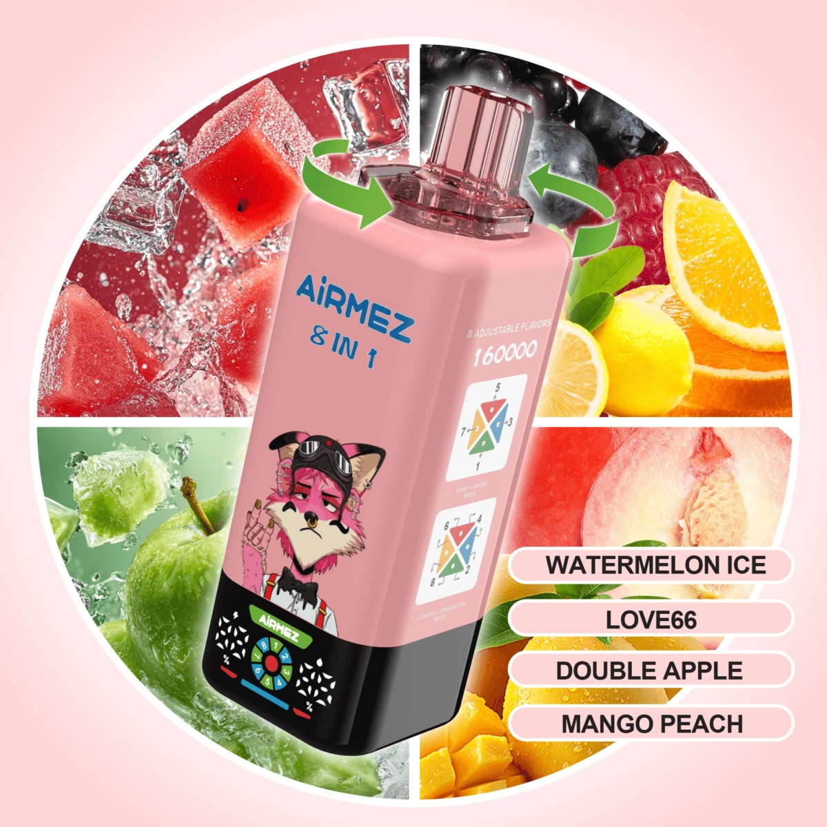 AIRMEZ 8-in-1 160000 Disposable Vape, Watermelon Ice Love66 Double Apple Mango Peach, 160000 Puffs, Fox Design, Bulk Wholesale E-Cig