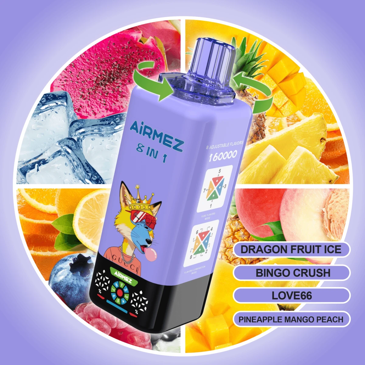 AIRMEZ 8-in-1 160000 Disposable Vape, Dragon Fruit Ice Bingo Crush Love66 Pineapple Mango Peach, 160000 Puffs, Fox Design, Bulk E-Cig