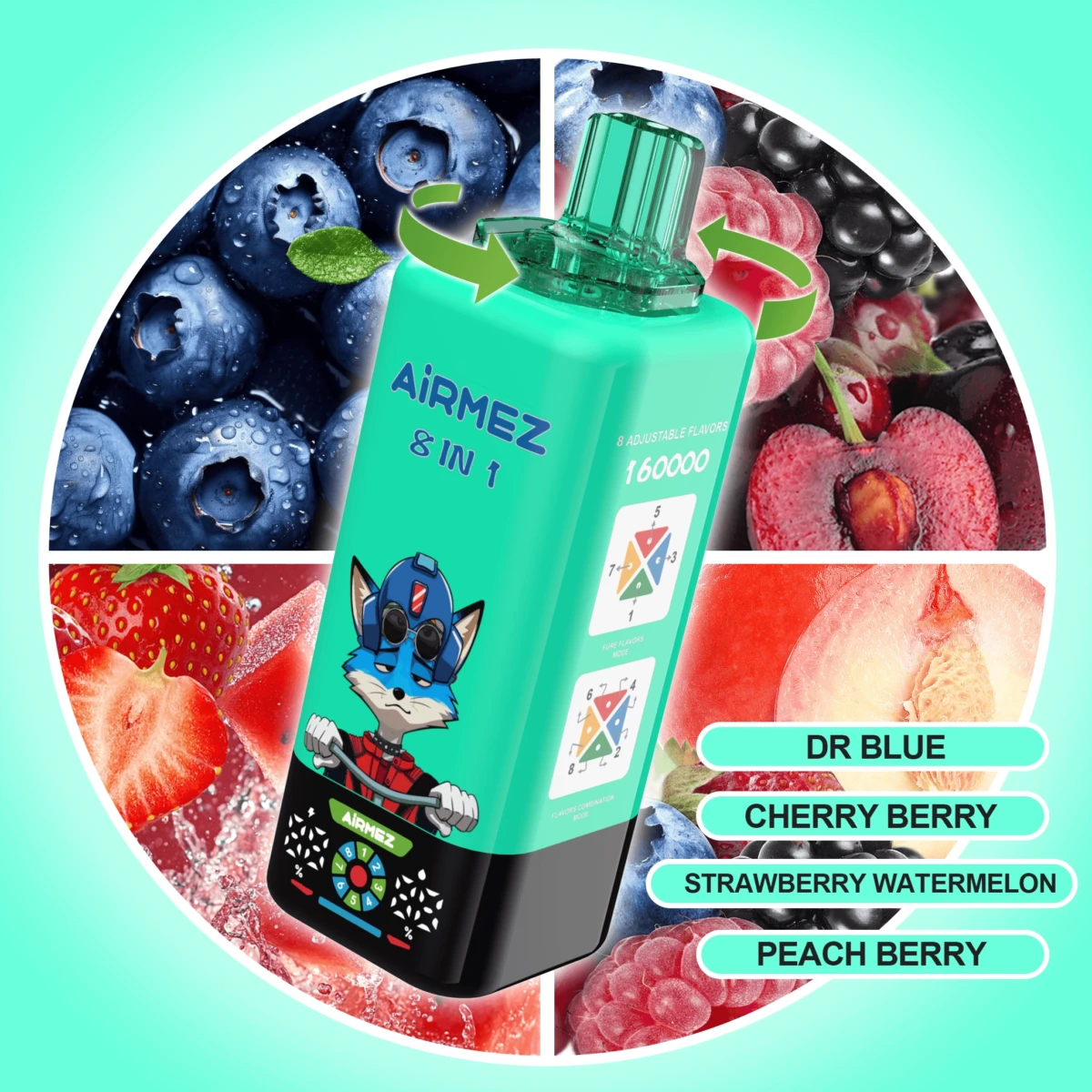 AIRMEZ 8-in-1 160000 Disposable Vape, Dr Blue Cherry Berry Strawberry Watermelon Peach Berry, 160000 Puffs, Fox Design, Bulk Vape