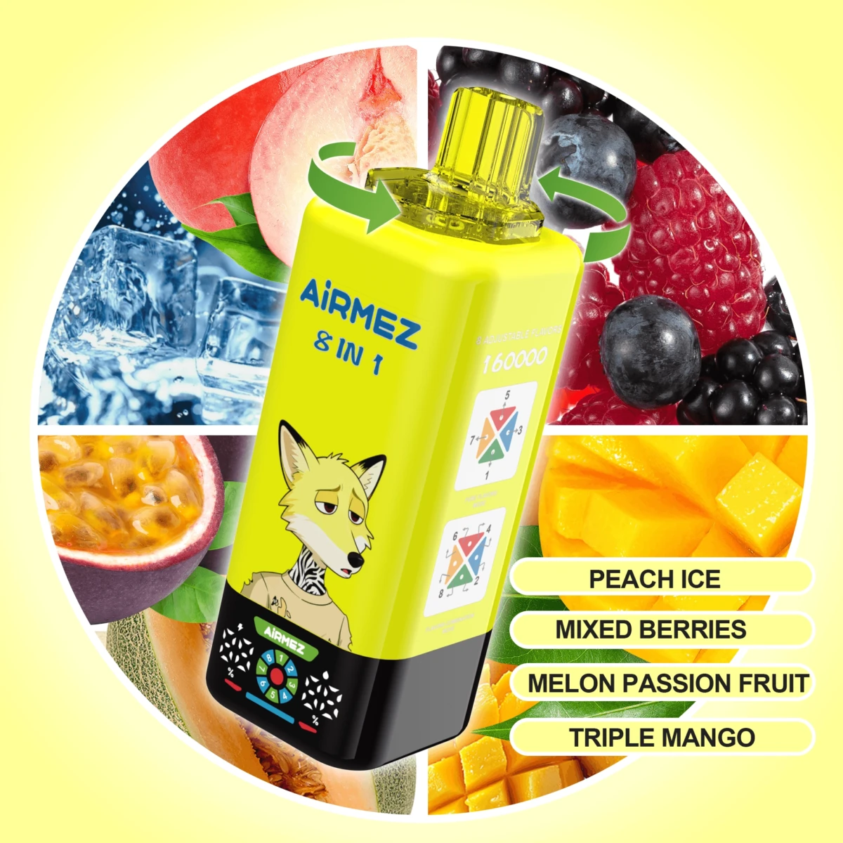 AIRMEZ 8-in-1 160000 Disposable Vape, Peach Ice Mixed Berries Melon Passion Fruit Triple Mango, 160000 Puffs, Fox Design, Bulk E-Cig