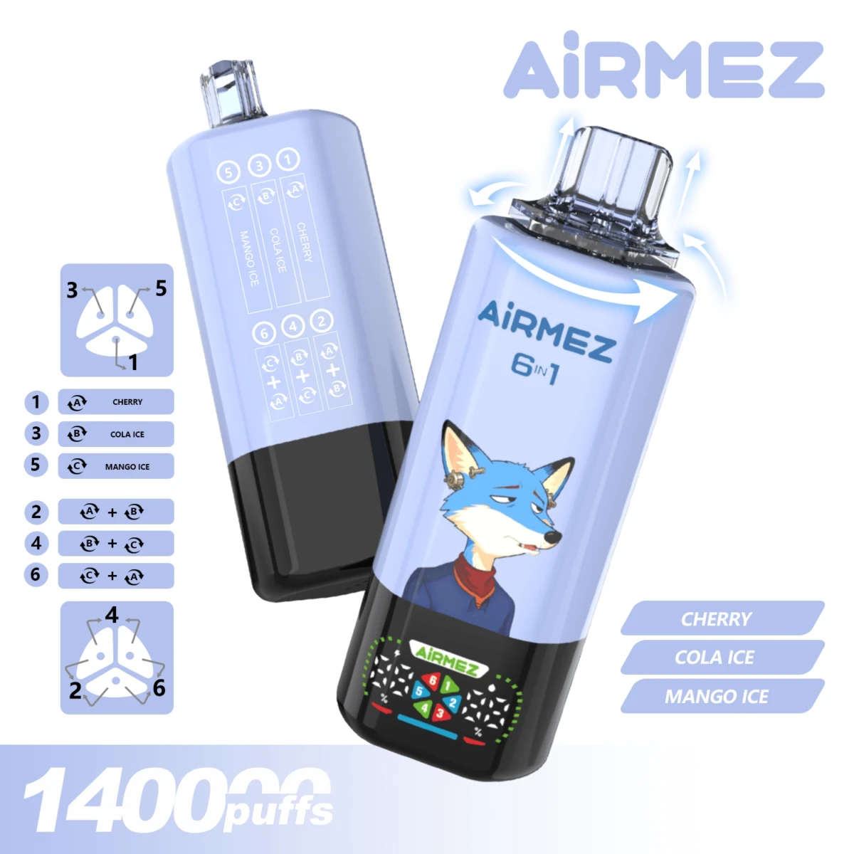 AIRMEZ 6-in-1 140000 Disposable Vape, Cherry Cola Ice Mango Ice, 140000 Puffs, Fox Design, Bulk Vape