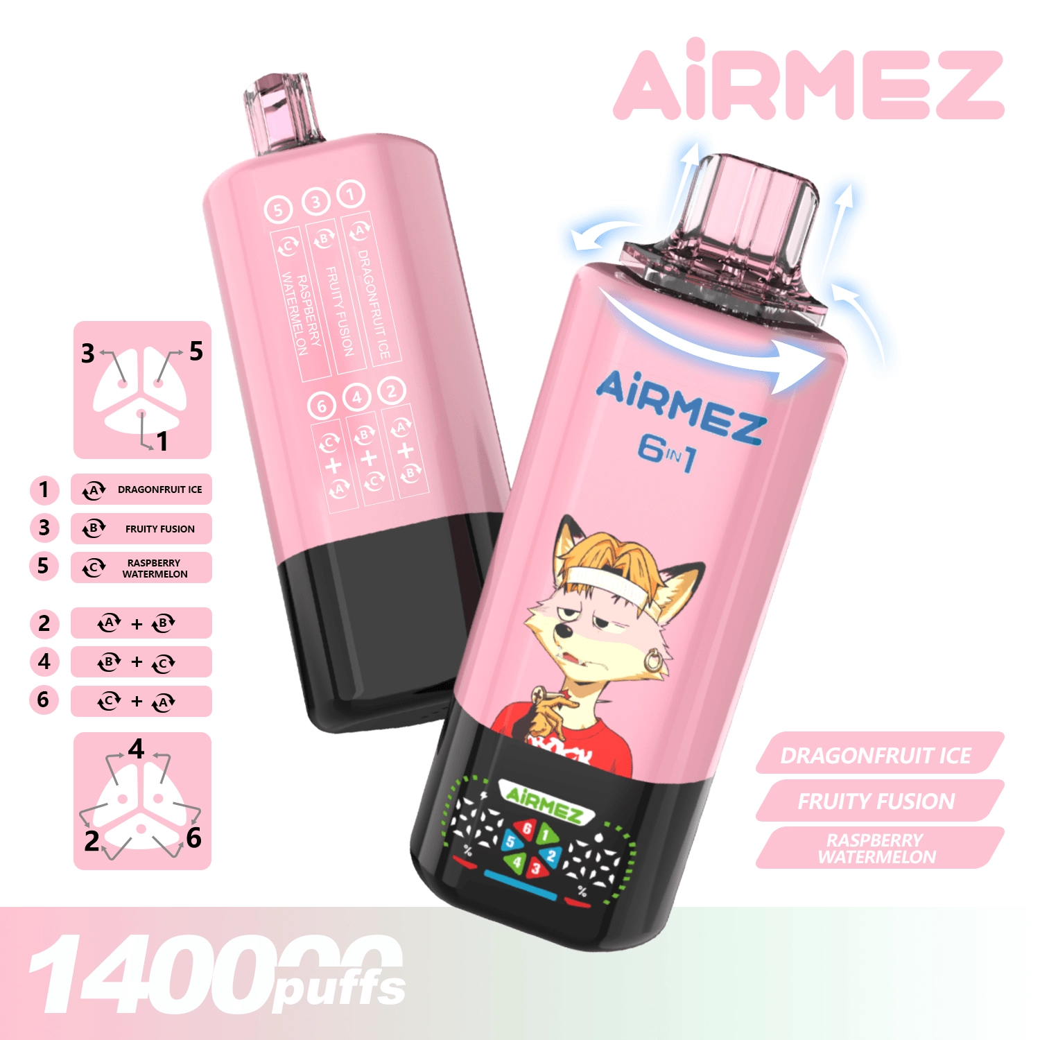 AIRMEZ 6-in-1 140000 Disposable Vape, Dragonfruit Ice Fruity Fusion Raspberry Watermelon, 140000 Puffs, Fox Design, Bulk E-Cig