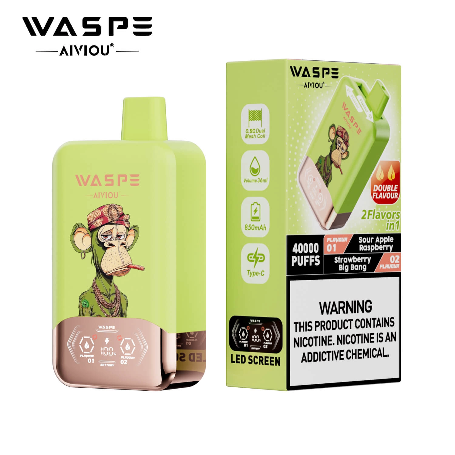 WASPE 40000 Puffs 2 in 1 Disposable Vape, Sour Apple Raspberry & Strawberry Big Bang Flavor, 40K Puffs Dual Flavor Vape with LED Screen, Type-C Rechargeable Vape Wholesale EU
