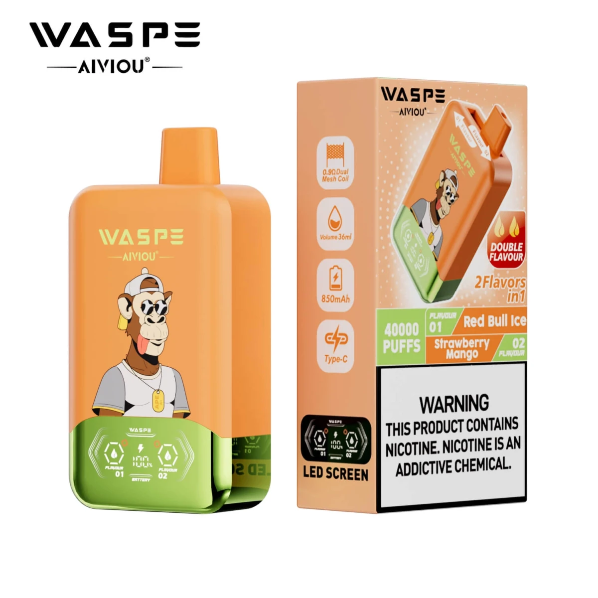 WASPE 40000 Puffs 2 in 1 Disposable Vape, Red Bull Ice & Strawberry Mango Flavor, 40K Puffs Dual Flavor Vape with LED Screen, Type-C Rechargeable Vape Wholesale EU