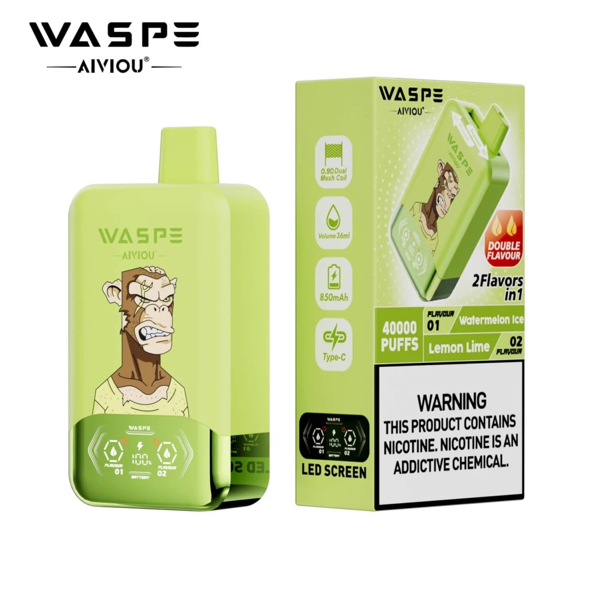 WASPE 40000 Puffs 2 in 1 Disposable Vape, Watermelon Ice & Lemon Lime Flavor, 40K Puffs Dual Flavor Vape with LED Screen, Type-C Rechargeable Vape Wholesale EU