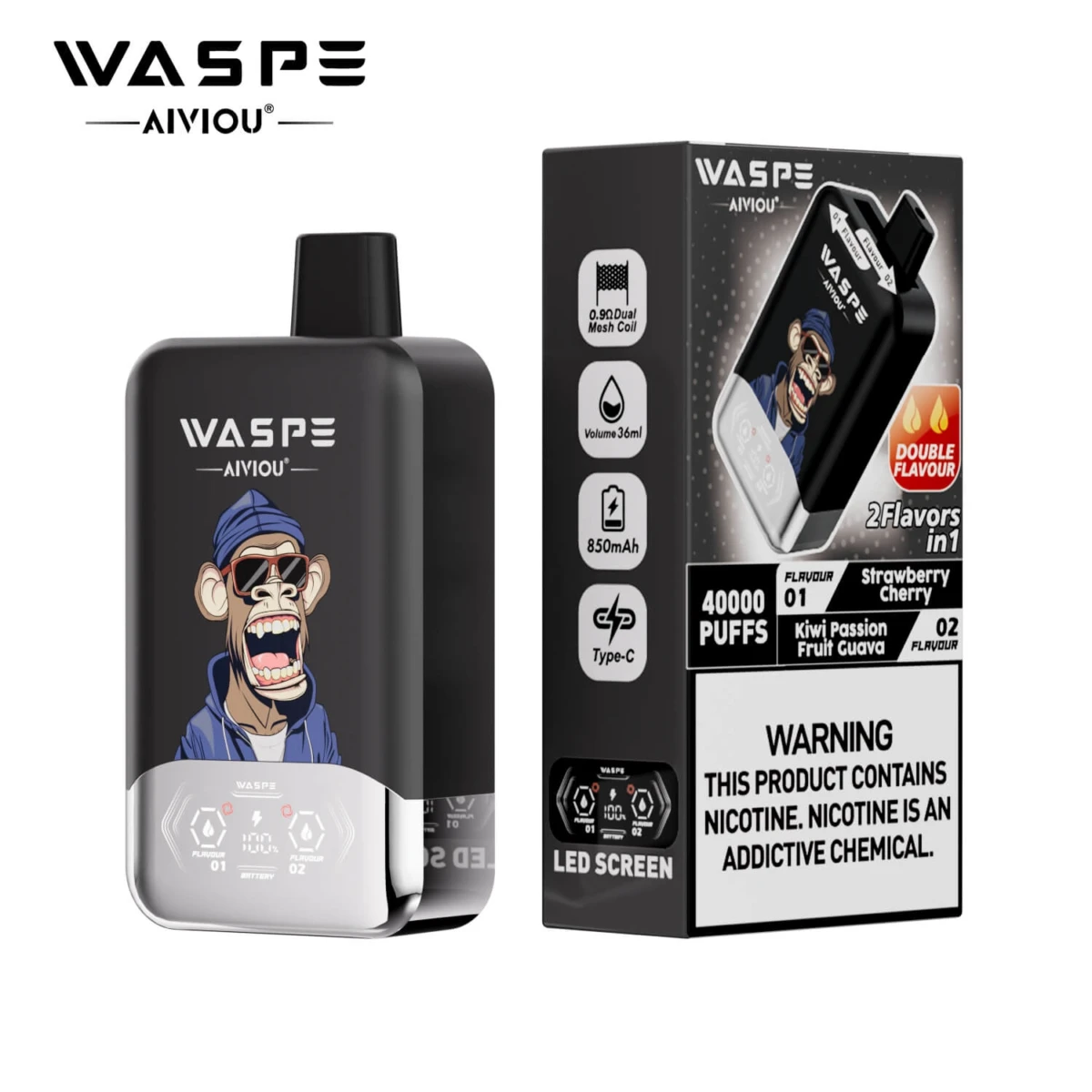 WASPE 40000 Puffs 2 in 1 Disposable Vape, Strawberry Cherry & Kiwi Passion Fruit Guava Flavor, 40K Puffs Dual Flavor Vape with LED Screen, Type-C Rechargeable Vape Wholesale EU