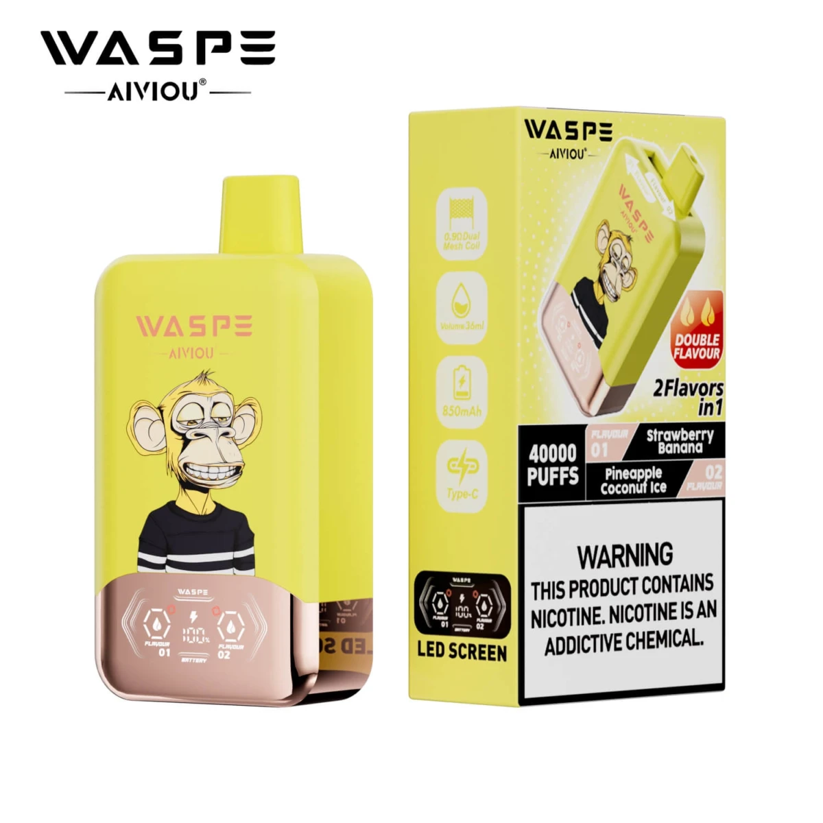 WASPE 40000 Puffs 2 in 1 Disposable Vape, Strawberry Banana & Pineapple Coconut Ice Flavor, 40K Puffs Dual Flavor Vape with LED Screen, Type-C Rechargeable Vape Wholesale Poland