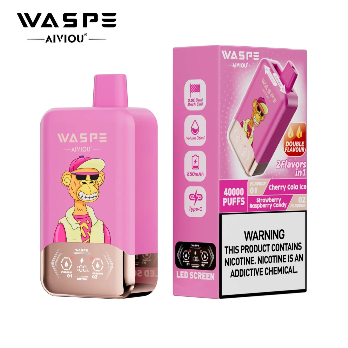 WASPE 40000 Puffs 2 in 1 Disposable Vape, Cherry Cola Ice & Strawberry Raspberry Candy Flavor, 40K Puffs Dual Flavor Vape with LED Screen, Type-C Rechargeable Vape Wholesale EU